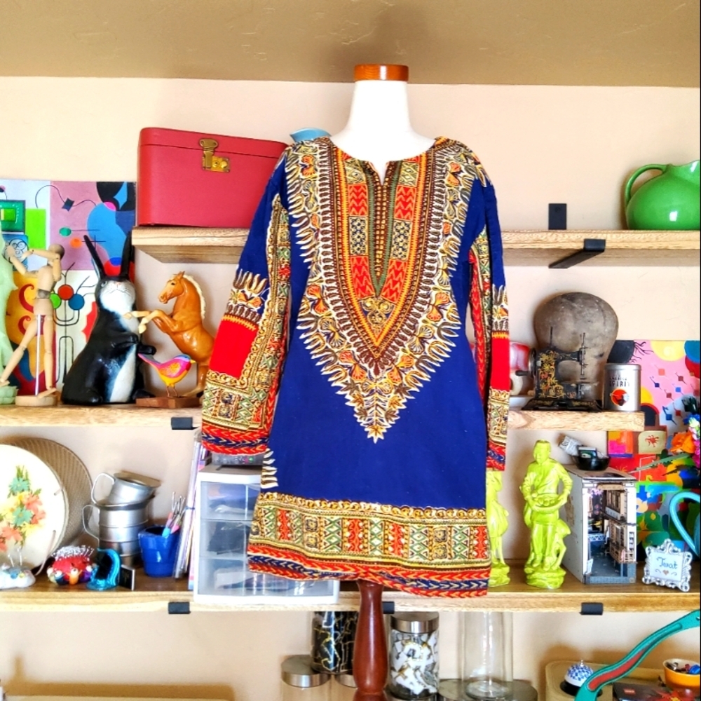 VNTG 60s 70s Dashiki Top Blue Field Printed Raw Cotton Pakistan Size M Chest 38